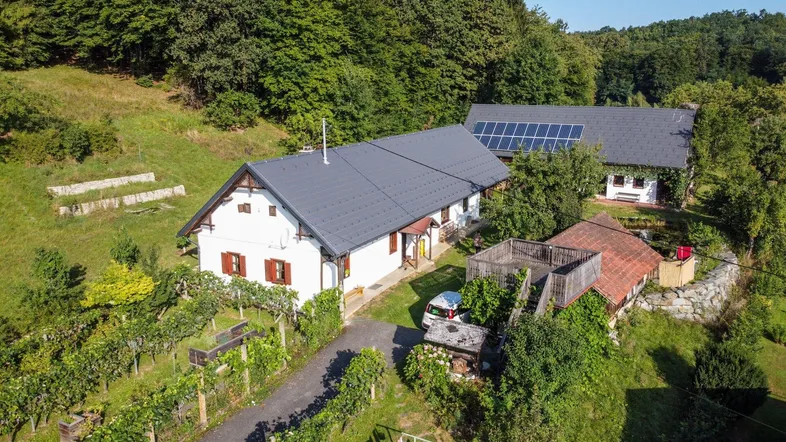 Luftaufnahme des Anwesens mit zwei Gebäuden, Solaranlagen und einem Weinberg im Vordergrund.