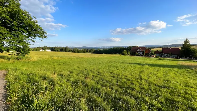 Weitläufiges grünes Feld unter blauem Himmel mit vereinzelten Häusern in der Ferne.