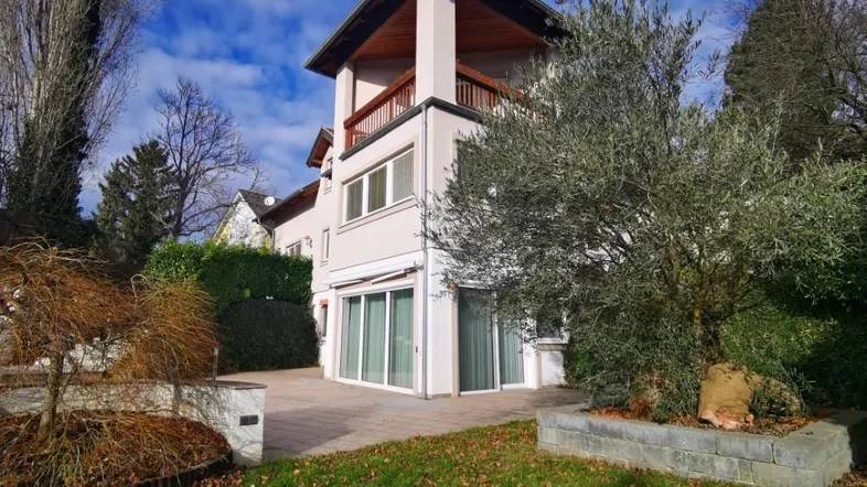 Ansicht des Hauses von der Gartenseite mit gepflasterter Terrasse und einem Olivenbaum.