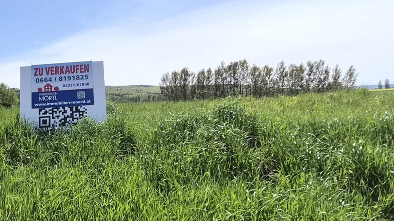 Verkaufsschild auf einem grünen Grundstück mit weitem Blick in die Landschaft unter blauem Himmel.