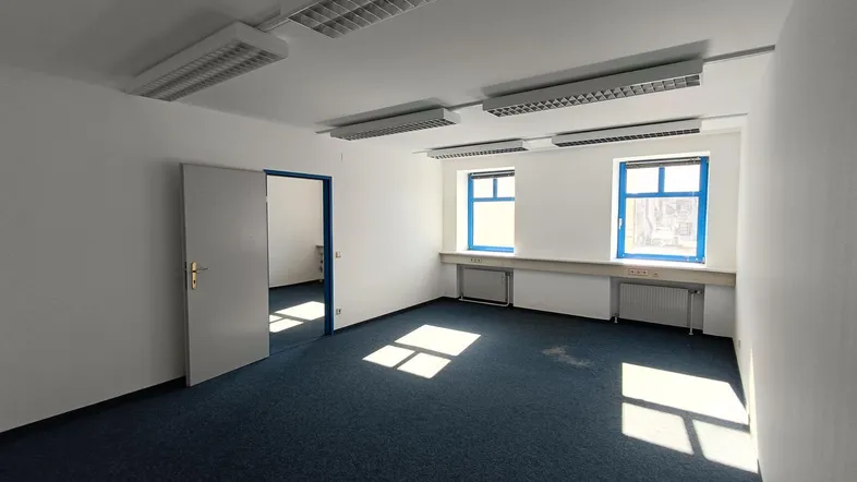 Leerer Büroraum mit blauem Teppichboden, weißen Wänden und zwei Fenstern, die Tageslicht hereinlassen.