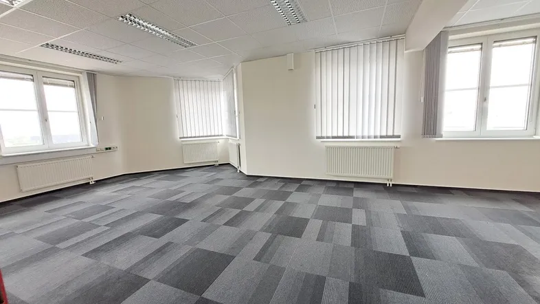 Leerer Büroraum mit modularem Teppichboden, vielen Fenstern und abgehängter Decke.
