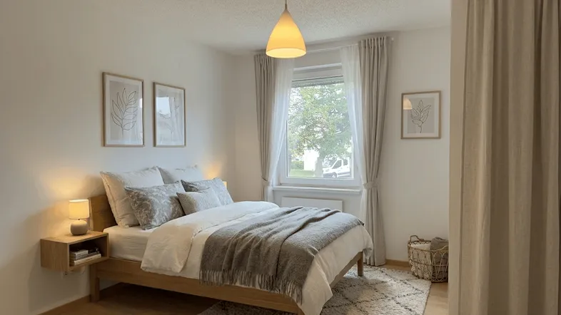 Helles Schlafzimmer mit Holzbett, Parkettboden und Blick ins Grüne, modern eingerichtet.