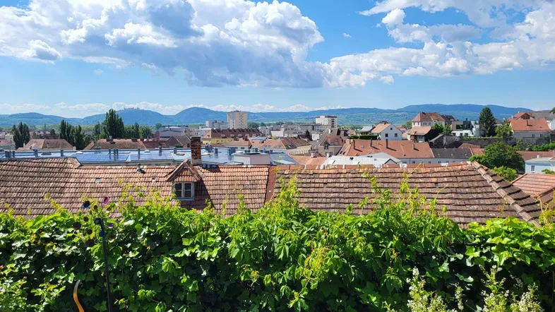 Panoramablick über die Dächer einer Stadt mit grüner Vegetation und Bergen im Hintergrund.