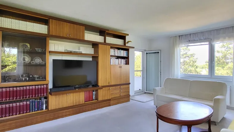 Geräumiges Wohnzimmer mit großer Holzschrankwand, hellem Sofa und Zugang zu einem Außenbereich.