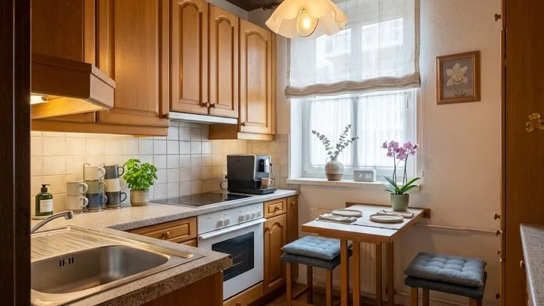 Gemütliche Küche mit Holzschränken, Fliesenrückwand und kleinem Essbereich am Fenster.