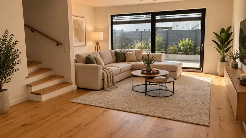 Helles Wohnzimmer mit beigem Sofa, Holzboden und großen Schiebetüren zur Terrasse.