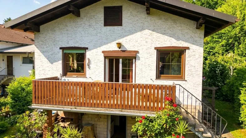 Traditionelles Haus mit Balkon und Holzgeländer, umgeben von üppigem Grün und Pflanzen.