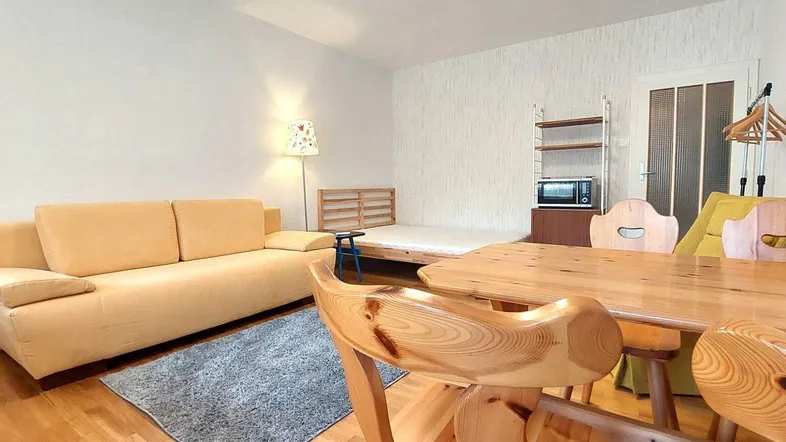 Helles Studio-Apartment mit Schlafsofa, Esstisch und Holzboden in einem offenen Wohnbereich.