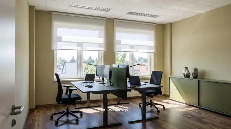 Modernes Büro mit zwei Arbeitsplätzen, ergonomischen Stühlen und großen Fenstern mit Rollos.
