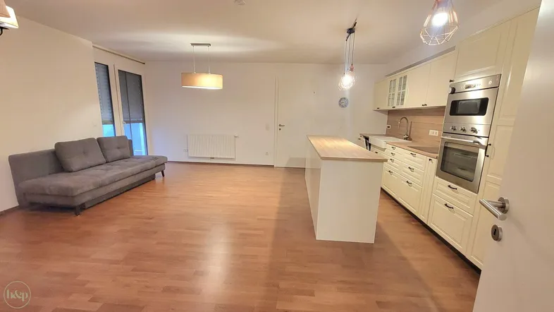 Heller offener Wohn-Essbereich mit integrierter Küche, Holzboden und Zugang zum Balkon.