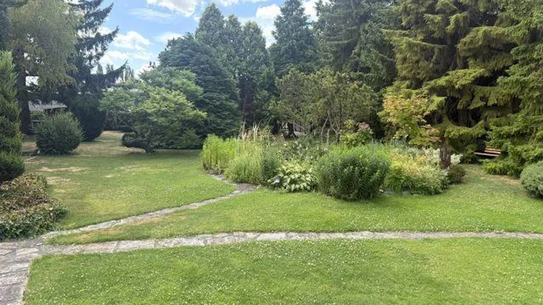 Großer Garten mit üppigem Rasen, vielfältigen Pflanzen und hohen Bäumen unter bewölktem Himmel.