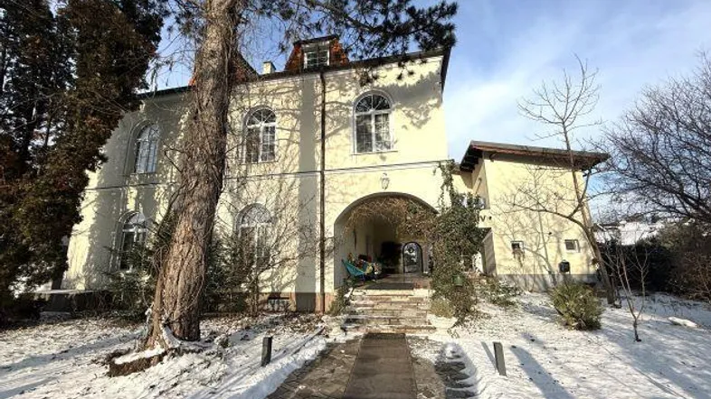 Klassische Villa mit hellem Putzfassade, umgeben von Bäumen und Schnee im Vorgarten.