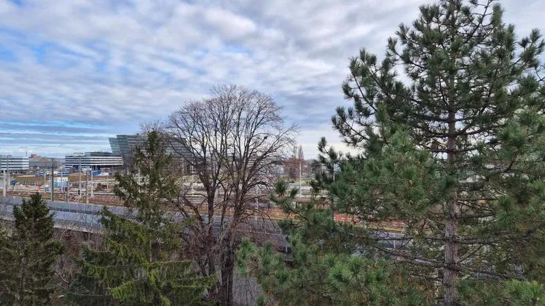 Blick auf Bahngleise und die Stadt im Hintergrund, umgeben von Bäumen unter bewölktem Himmel.