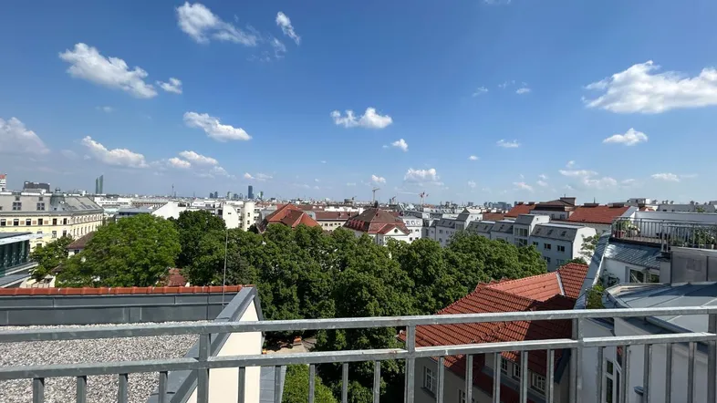 Weitläufiger Blick über die Dächer der Stadt mit blauem Himmel und Wolken.