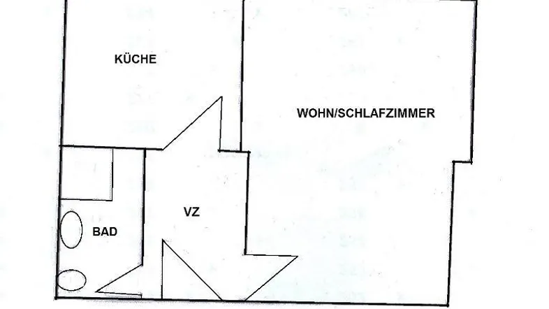 Übersichtlicher Grundriss einer kleinen Wohnung mit separater Küche und Bad.