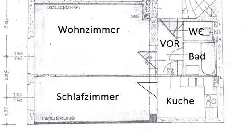 Grundrissplan einer Wohnung mit Wohnzimmer, Schlafzimmer, Küche, Bad und separatem WC.