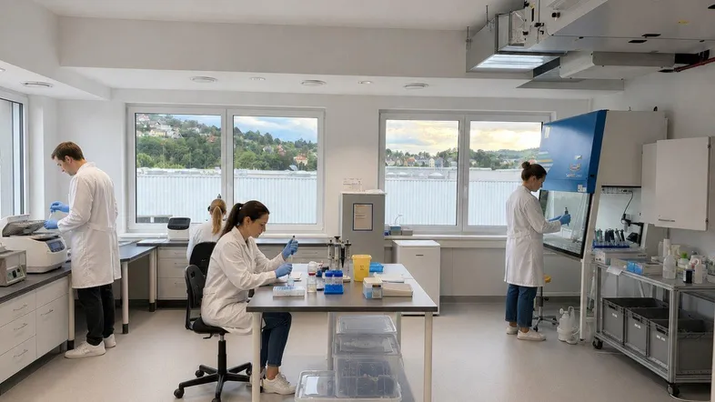 Modernes Labor mit mehreren Arbeitsplätzen, großen Fenstern und Blick ins Grüne.