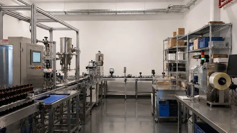 Moderner Produktionsraum mit Maschinen, Förderbändern und Regalen, ideal für Fertigung oder Laborbetrieb.