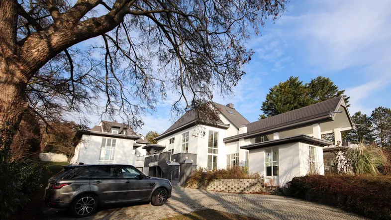 Moderne Villa mit weißer Fassade, großem Baum und gepflasterter Auffahrt unter blauem Himmel.