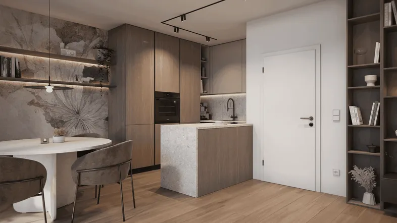 Moderne offene Küche mit Holzelementen, Steininsel und Essbereich, kombiniert mit stilvoller Wandgestaltung.