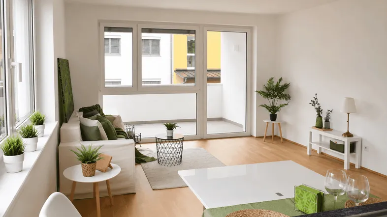 Helles Wohnzimmer mit Holzboden, Zugang zum Balkon und moderner Einrichtung.