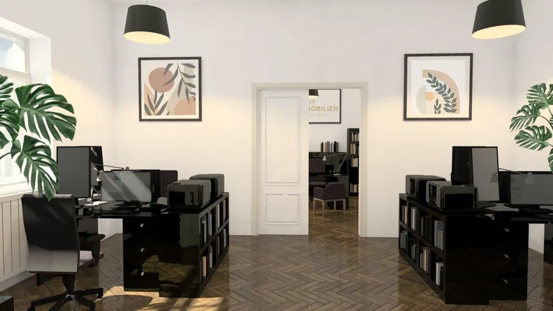 Modernes Büro mit dunklen Schreibtischen, Regalen und Pflanzen, beleuchtet von Pendelleuchten.