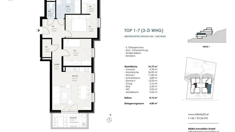 Detaillierter Grundriss einer 3-Zimmer-Wohnung mit Balkon und Abstellraum.