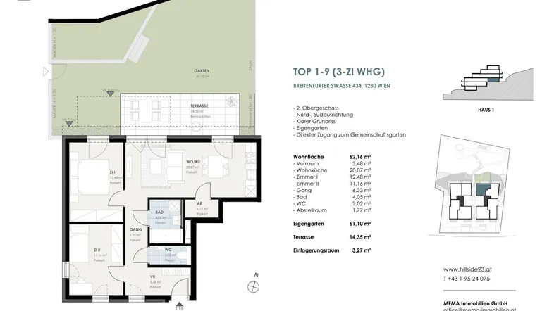 Grundriss einer Wohnung mit Garten, Terrasse, drei Zimmern und zwei Bädern.