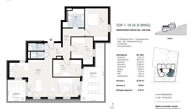 Detaillierter Grundriss einer Wohnung mit mehreren Zimmern, zwei Terrassen und Abstellraum.
