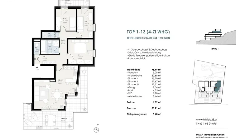 Detaillierter Grundriss einer 4-Zimmer-Wohnung mit großzügiger Terrasse und Balkon.