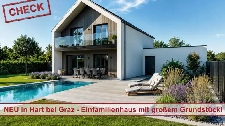 Modernes Einfamilienhaus mit Pool, großer Terrasse und gepflegtem Garten. Die zeitgenössische Architektur fügt sich harmonisch in die grüne Umgebung ein.