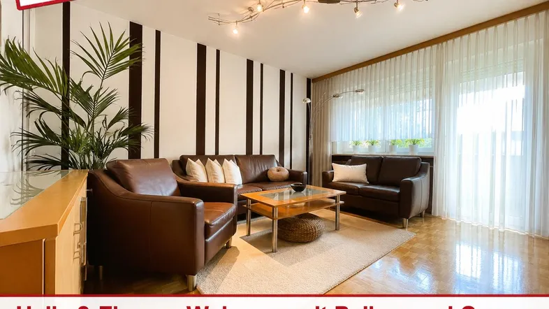 Helles Wohnzimmer mit bequemen Ledersofas, Parkettboden und großen Fenstern mit Vorhängen.