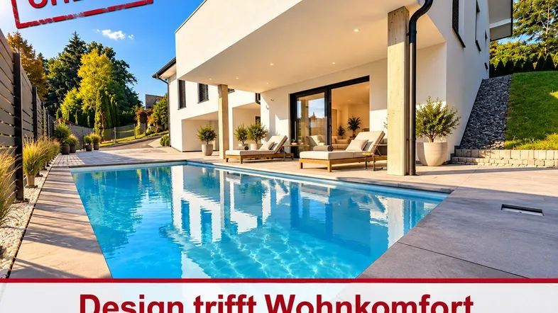 Modernes Haus mit großem Pool und Liegebereich, umgeben von grüner Landschaft unter blauem Himmel.