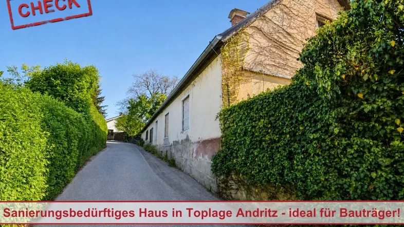 Altes Haus mit Efeubewuchs und Hecken entlang eines schmalen Weges unter blauem Himmel.