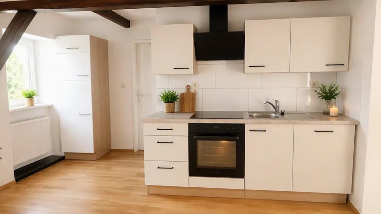 Helle Küche mit modernen weißen Schränken, Holzbalken und Parkettboden.