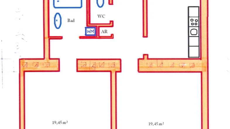 Grundriss einer Wohnung mit Küche, Bad, separatem WC, Abstellraum und zwei großen Zimmern.