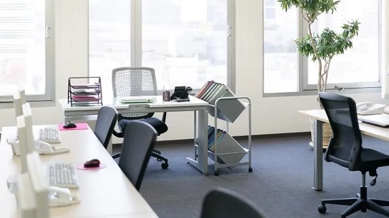 Helles Büro mit mehreren Arbeitsplätzen, großen Fenstern und Teppichboden, das viel natürliches Licht bietet.