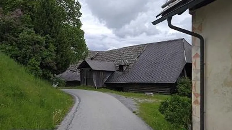 Altes, rustikales Gebäude mit dunklem Dach und umgebender Natur, aufgenommen an einem bewölkten Tag.