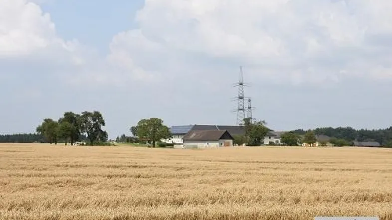 Weitläufiges Feld mit Gebäuden und Strommasten im Hintergrund unter einem bewölkten Himmel.