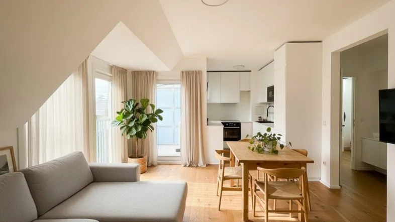 Heller, offener Wohn-Essbereich mit integrierter Küche, Holzboden und Zugang zum Balkon.