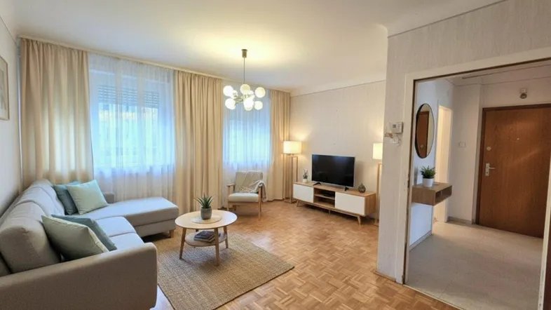 Helles Wohnzimmer mit Parkettboden, beigen Vorhängen und modernem Sofa.