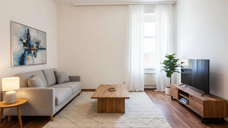 Helles Wohnzimmer mit modernem Sofa, Holztisch und Fernseher, durch ein Fenster gut beleuchtet.