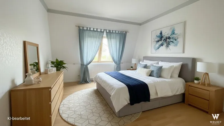 Gemütliches Schlafzimmer mit Holzboden, Doppelbett und Kommode mit Spiegel.