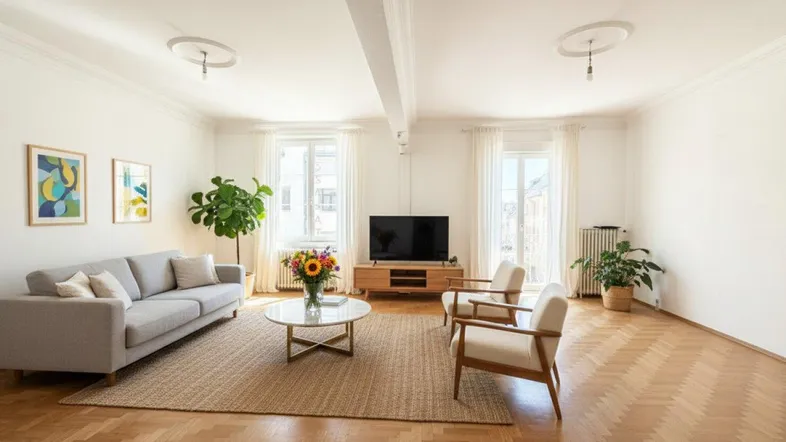 Helles Wohnzimmer mit Fischgrätparkett, hohen Decken und modernen Möbeln.