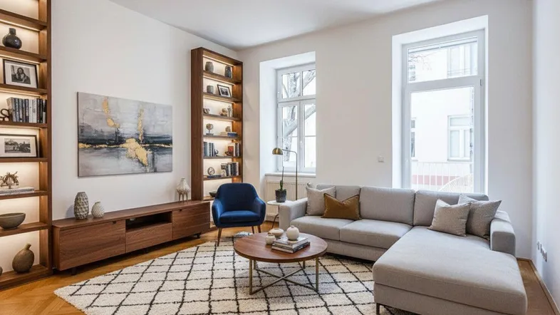 Helles Wohnzimmer mit modernem Design, Holzboden und dekorativen Regalen, das eine einladende Atmosphäre schafft.