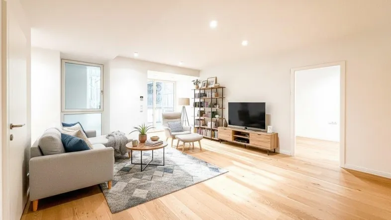 Helles Wohnzimmer mit modernem Interieur, Holzboden und großen Fenstern, die viel Tageslicht hereinlassen.