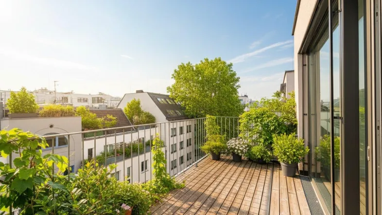 Geräumige Terrasse mit Holzbelag, vielen Pflanzen und Blick auf die umliegenden Gebäude.