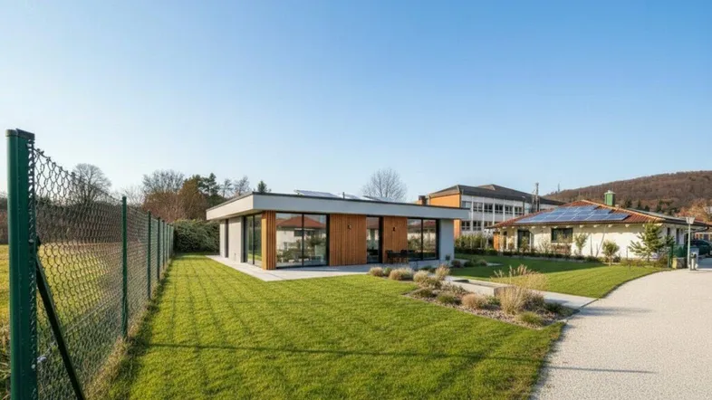 Moderne Architektur mit Flachdach und großen Glasfronten, umgeben von einer gepflegten Rasenfläche.