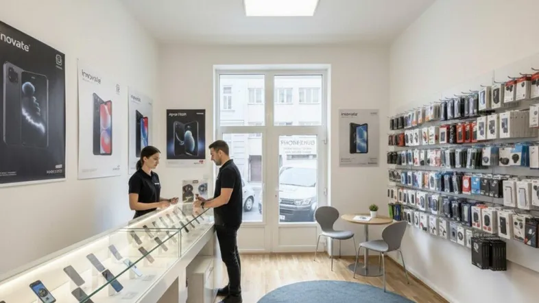 Heller Verkaufsraum mit modernen Auslagen, Kundenberatung und Blick auf die Straße durch große Fenster.